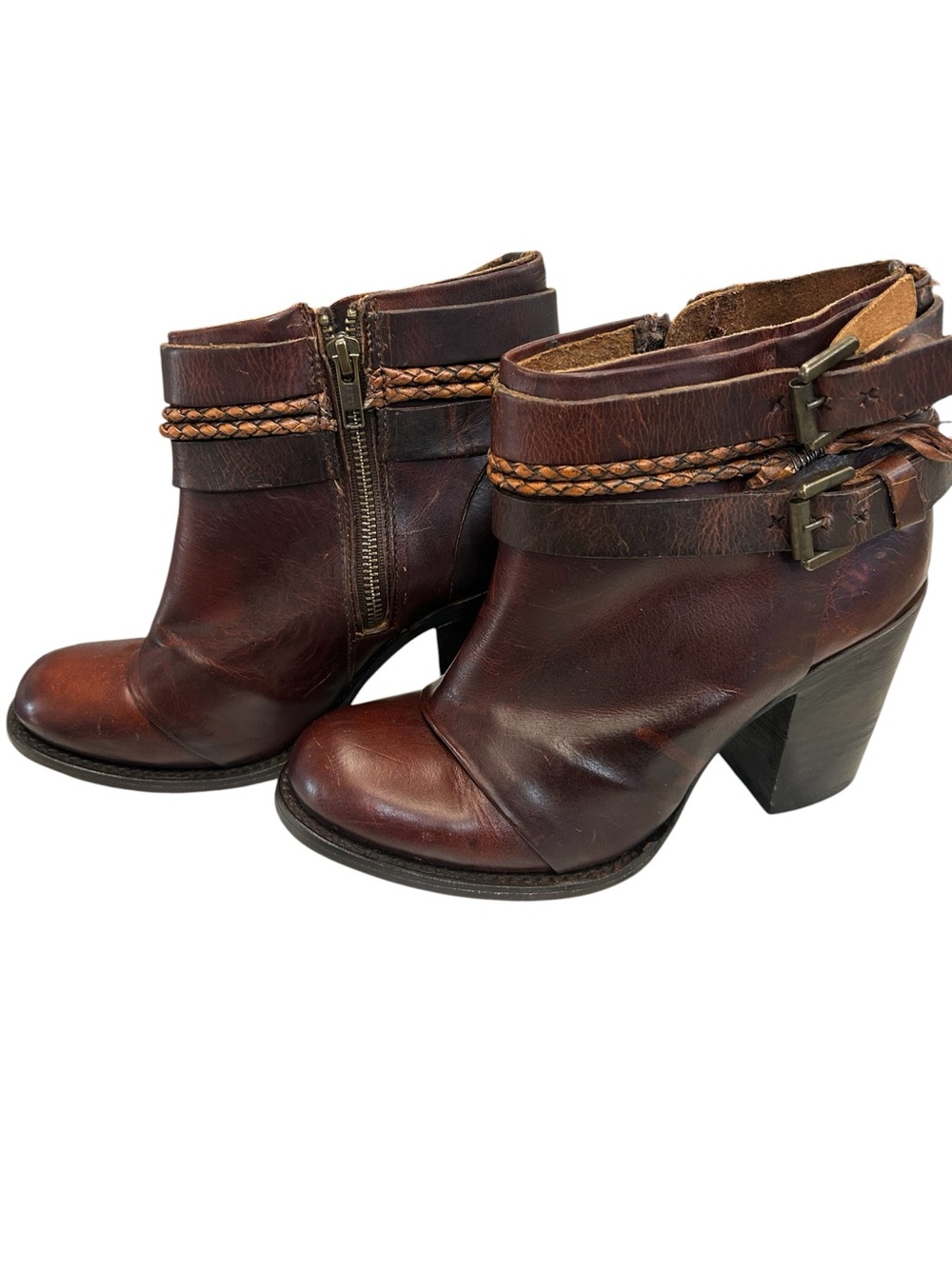 Freebird Lion mahogany distressed Women's Braided Strap Leather Ankle Boots
